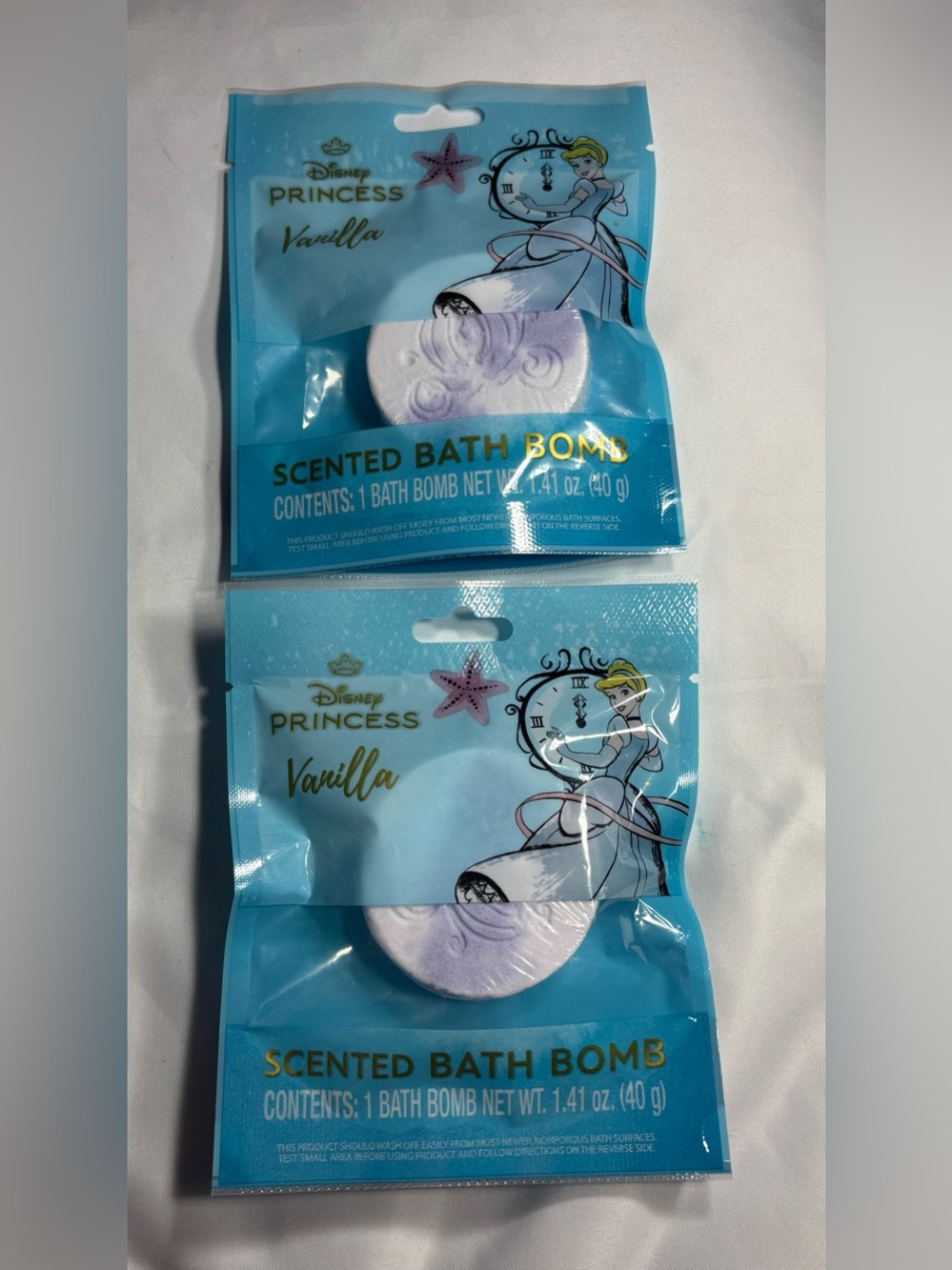 2 New Disney Princess Cinderella Vanilla Scented Bath Bomb - Light Blue & Purple